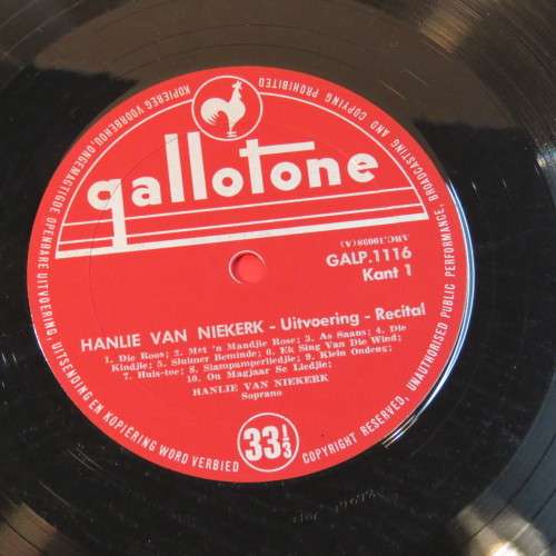 Vintage Music LP 33 rpm Hanlie van Niekerk - Uitvoering - 1960`s - GALP 1116