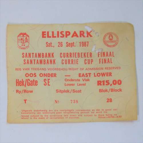 1987 Ellispark Currie Cup final ticket - Some damage