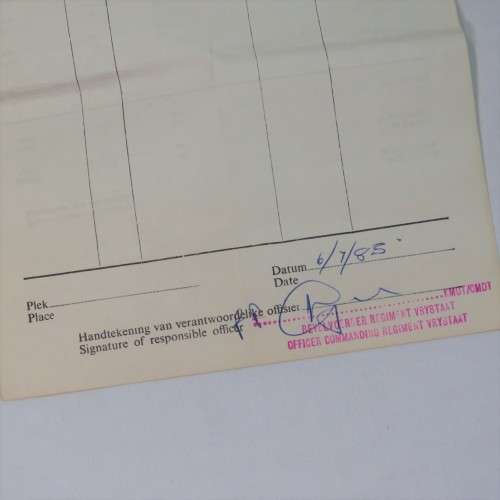 SADF Route Form to sergeant FJAM van Wyngaard from Leeudoringstad to Bloemfontein