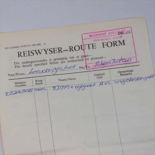 SADF Route Form to sergeant FJAM van Wyngaard from Leeudoringstad to Bloemfontein