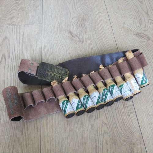 Underberg ammo belt with buckle and 9 vintage bottles of Underberg Bitters - Length 118 cm