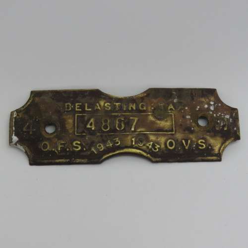 WW2 1943 Orange Free State 4W tax tag - #4867