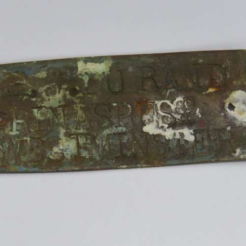 Antique brass name tag - PJ Du Rand, Ninasrust, Westminster