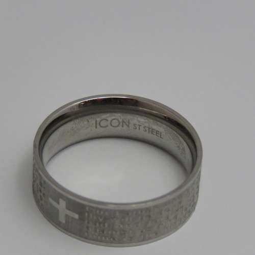 Icon stainless steel mens ring with `Our Father` prayer and cross