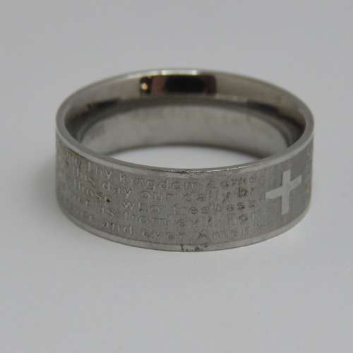 Icon stainless steel mens ring with `Our Father` prayer and cross