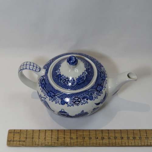 Vintage Woods Ware Willow Pattern tea set - 6 Trios, teapot and milk jug
