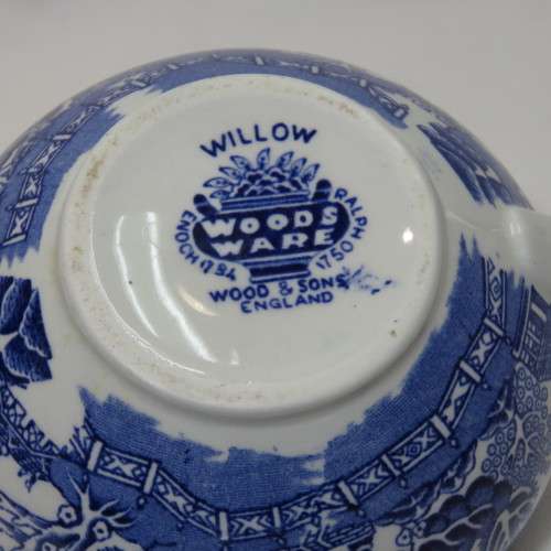 Vintage Woods Ware Willow Pattern tea set - 6 Trios, teapot and milk jug