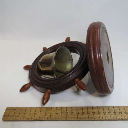 Royal Navy Reserves brass bell in ship's wheel on heavy wood stand (Walnut?)