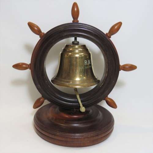 Royal Navy Reserves brass bell in ship's wheel on heavy wood stand (Walnut?)