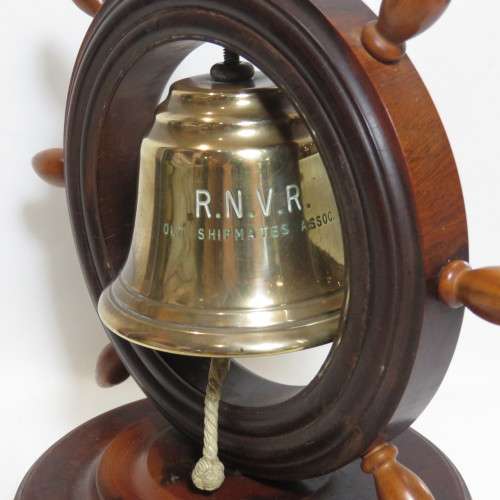 Royal Navy Reserves brass bell in ship's wheel on heavy wood stand (Walnut?)