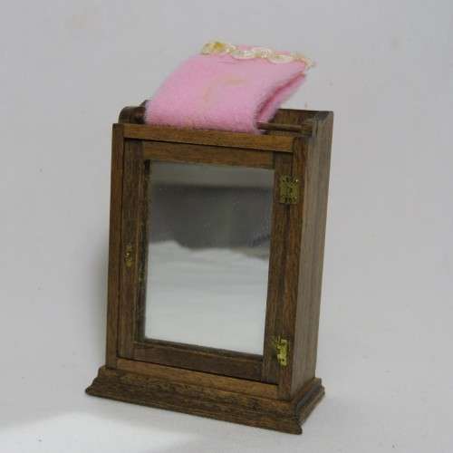 Vintage doll`s house furniture - Bathroom mirror cabinet with towel