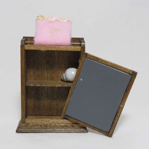 Vintage doll`s house furniture - Bathroom mirror cabinet with towel