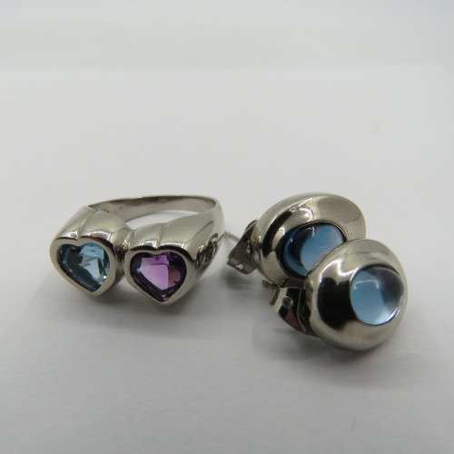 Costume jewelry silver look alike ring and earrings with colored stones