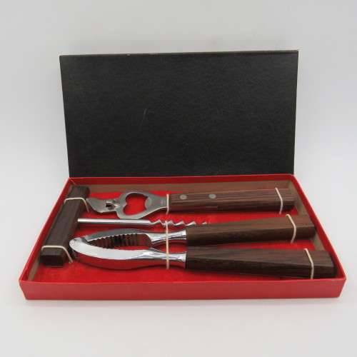 Stainless steel bar set with nutcracker, bottle & tin opener, cork puller - as new - in original box