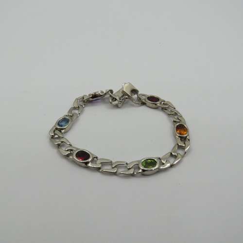 Lot of 5 silver look alike bracelets with colored stones - never used