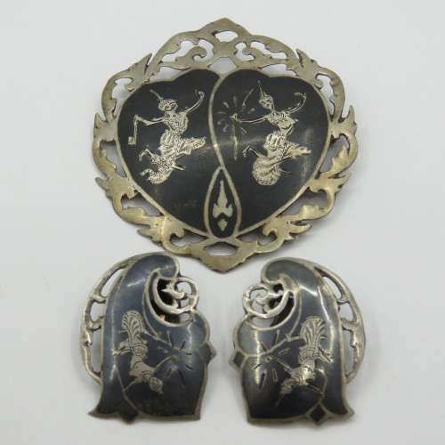 Vintage SIAM silver brooch and earring set