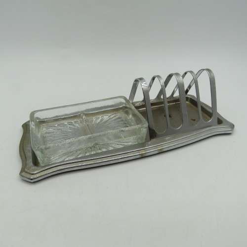 Vintage toast rack with glass butter dish