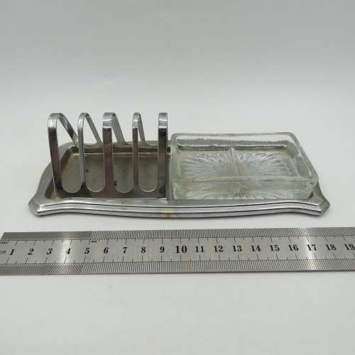 Vintage toast rack with glass butter dish