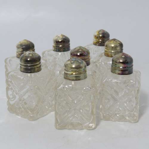 Set of 8 silverplated and glass salt and pepper shakers in box