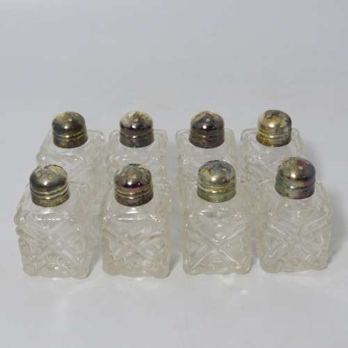 Set of 8 silverplated and glass salt and pepper shakers in box