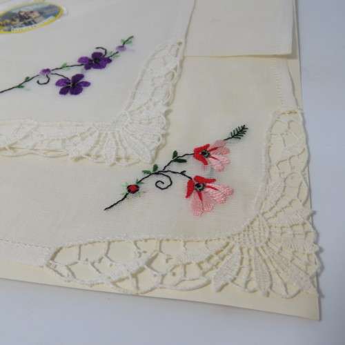 Ladies embroidered handkerchiefs made in Switzerland in 1957 - in original box