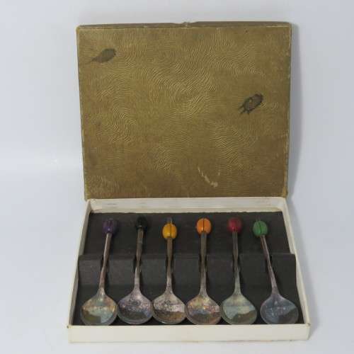 Set of 6 colorful coffee bean spoons - silver plated