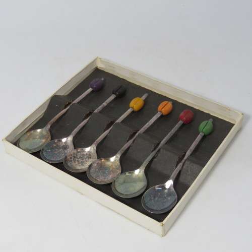 Set of 6 colorful coffee bean spoons - silver plated