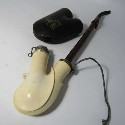 Antique Austrian meerschaum pipe with Silver lid dated 1858 - in case