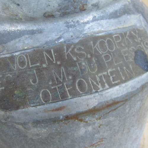 Old metal milk can of J.M. de Plessis from the farm Otfontein - 28.5cm