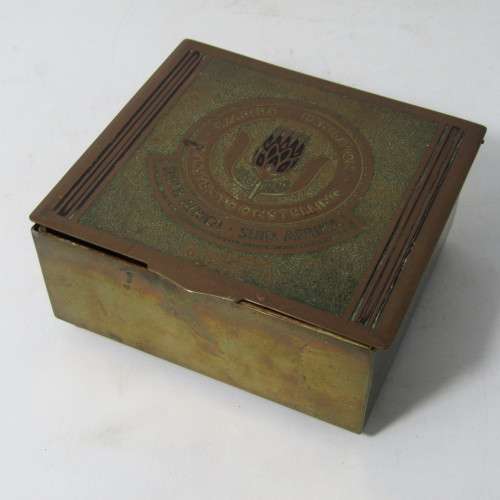 Antique Empire Exhibition South Africa brass and wood tin - one damaged hinge