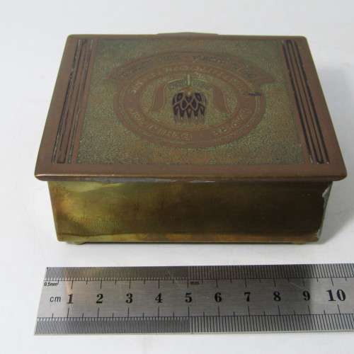 Antique Empire Exhibition South Africa brass and wood tin - one damaged hinge