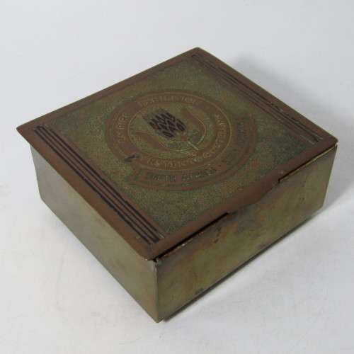 Antique Empire Exhibition South Africa brass and wood tin - one damaged hinge