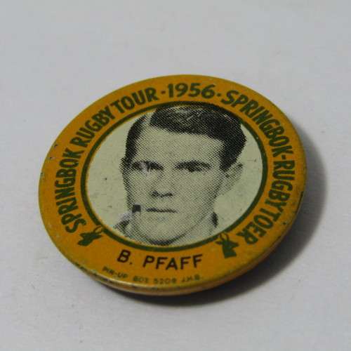1956 Springbok Rugby tour Brian Pfaff tinnie badge
