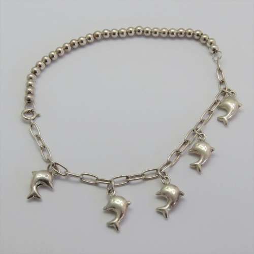 Sterling silver bracelet with dolphin charms - Weighs 10,8 g - Length 24 cm