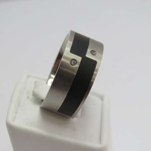 Mens Stainless steel ring with 2 clear stones - Size T 1/2