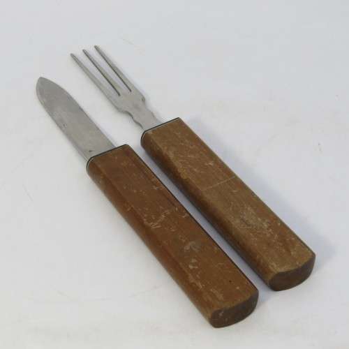 Vintage picnic knife and fork with wooden handles - Ferrandi`s Garage advertising
