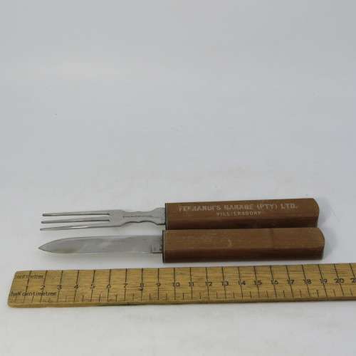 Vintage picnic knife and fork with wooden handles - Ferrandi`s Garage advertising