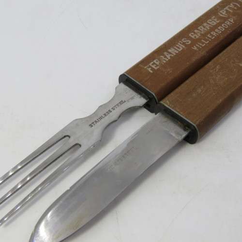 Vintage picnic knife and fork with wooden handles - Ferrandi`s Garage advertising