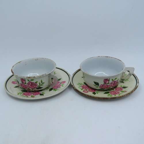 3 Vintage Japanese tinplate doll house cup and saucers with extra cup