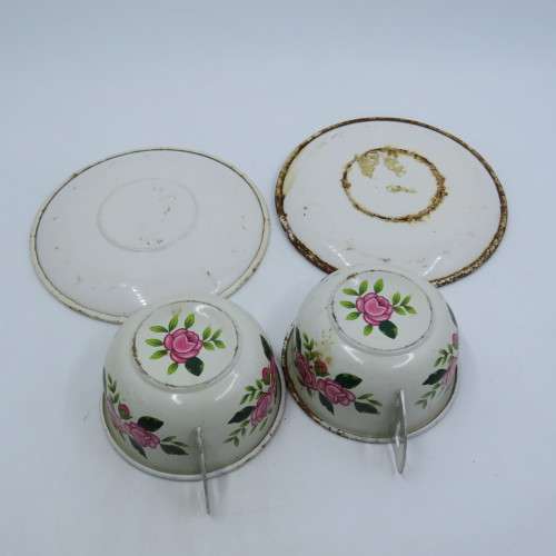 3 Vintage Japanese tinplate doll house cup and saucers with extra cup