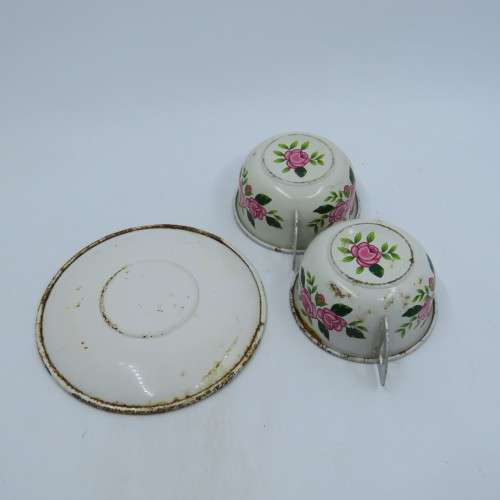 3 Vintage Japanese tinplate doll house cup and saucers with extra cup