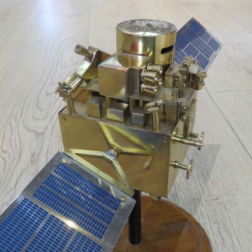 Beautiful brass Land Satellite model presented to Willem J Botha of South African Space Program