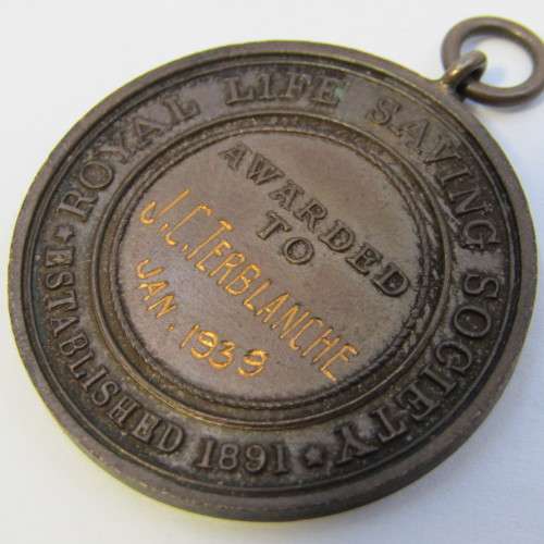 Royal Life Society medal awarded to JC Terblanche in January 1939