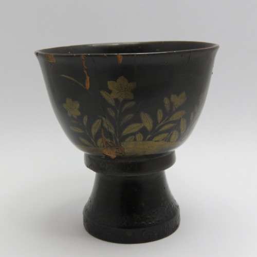Christening Bowl on stand dated 1845 - With note at bottom - Rare - Some damage