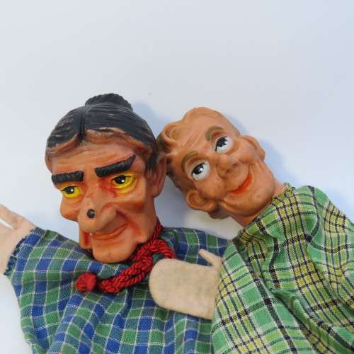 Pair of vintage hand puppets with rubber heads