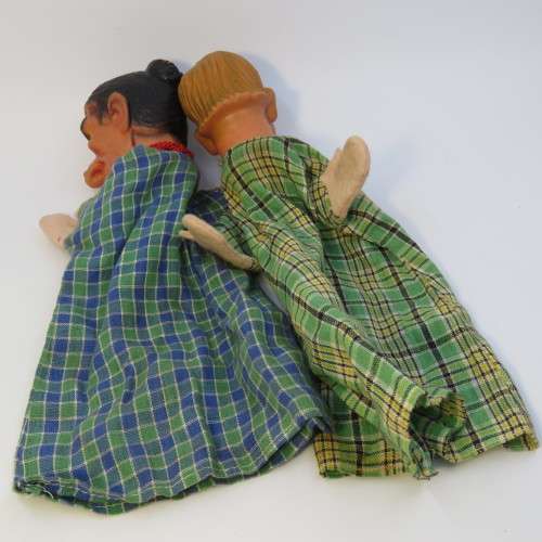 Pair of vintage hand puppets with rubber heads