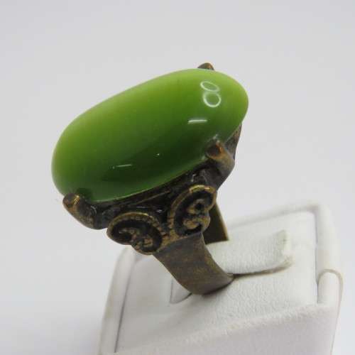 Vintage Brass fashion ring with green stone  - Size R