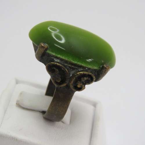 Vintage Brass fashion ring with green stone  - Size R