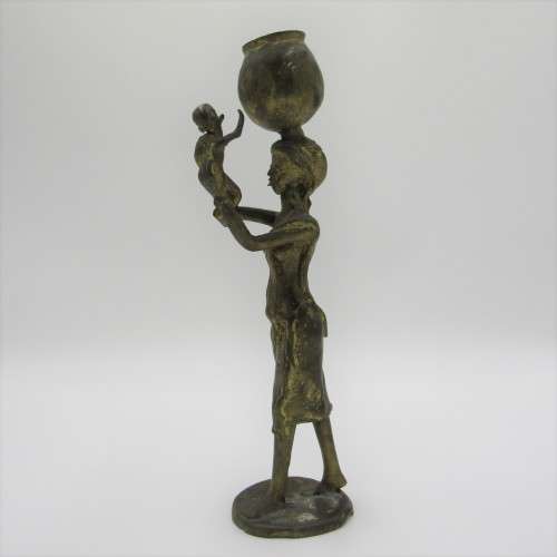 Ashanti bronze statue of lady with baby and pot on head - lost wax method used