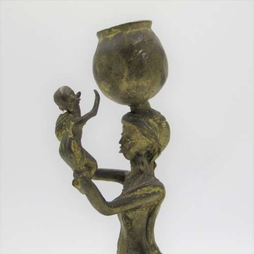 Ashanti bronze statue of lady with baby and pot on head - lost wax method used